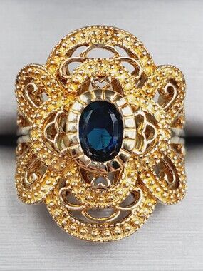 Filigree Oval Blue Sapphire Simulant Statement Ring - Yellow Gold - 925 Silver